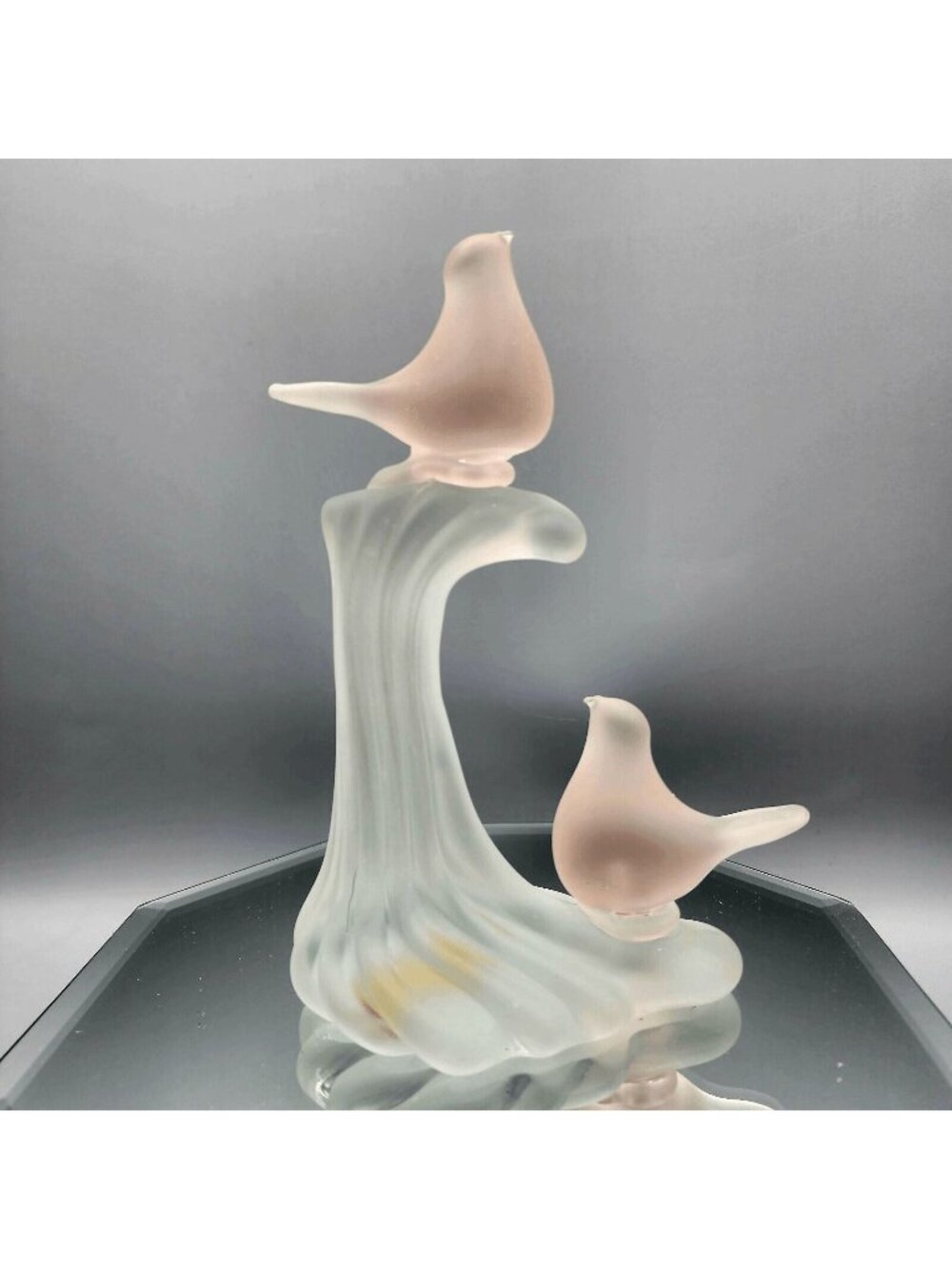 Pink Love Birds Tree Branch Frosted Satin Art Glass Figurine By Crowning Touch P